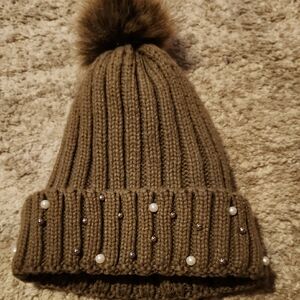Brown Knit Beanie with Pom Pom